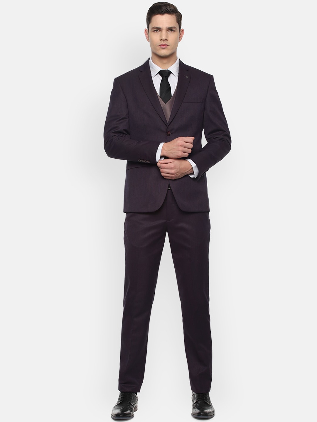 

Louis Philippe Men Purple Self Design Single-Breasted Slim-Fit 3-Piece Suit