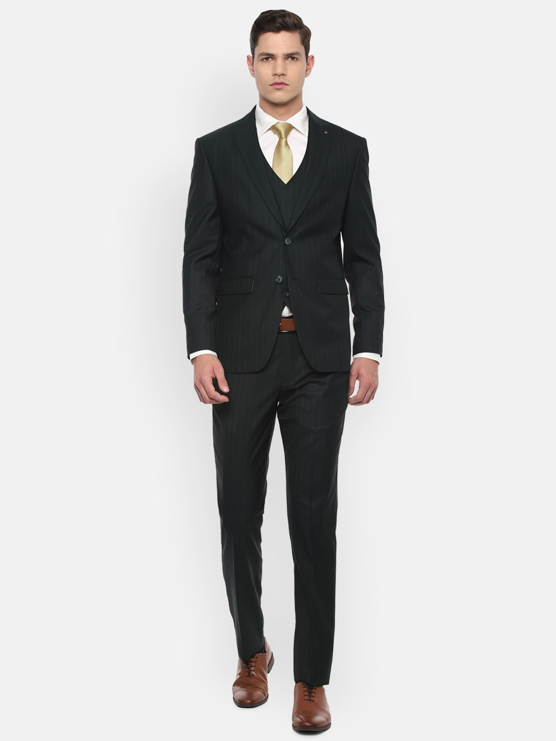 

Louis Philippe Men Olive Green Striped Single-Breasted Slim-Fit 3-Piece Suit