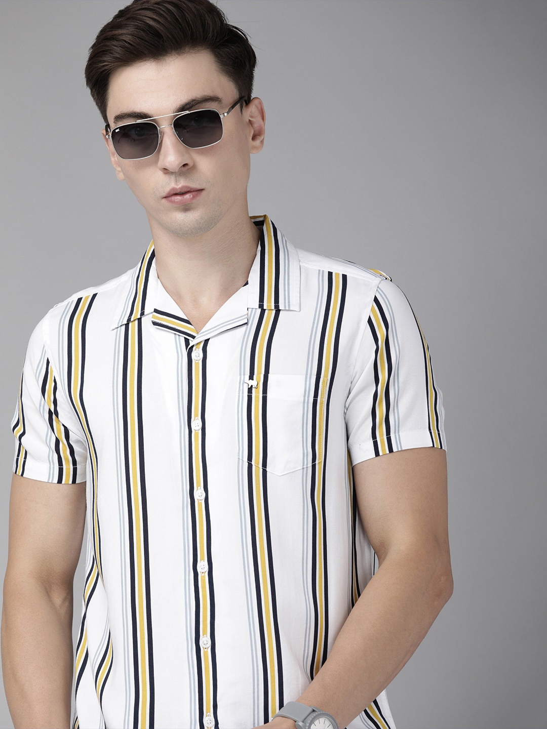

THE BEAR HOUSE Men White & Blue Classic Slim Fit Striped Casual Shirt