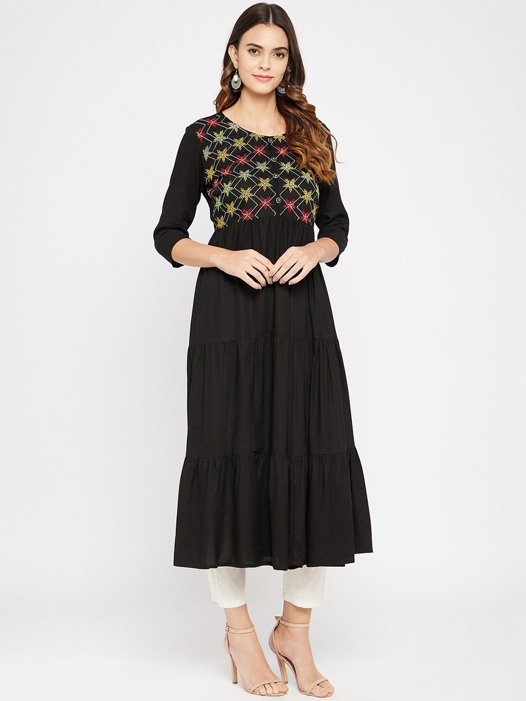 

Prakhya Women Black Geometric Yoke Design Thread Work Anarkali Kurta