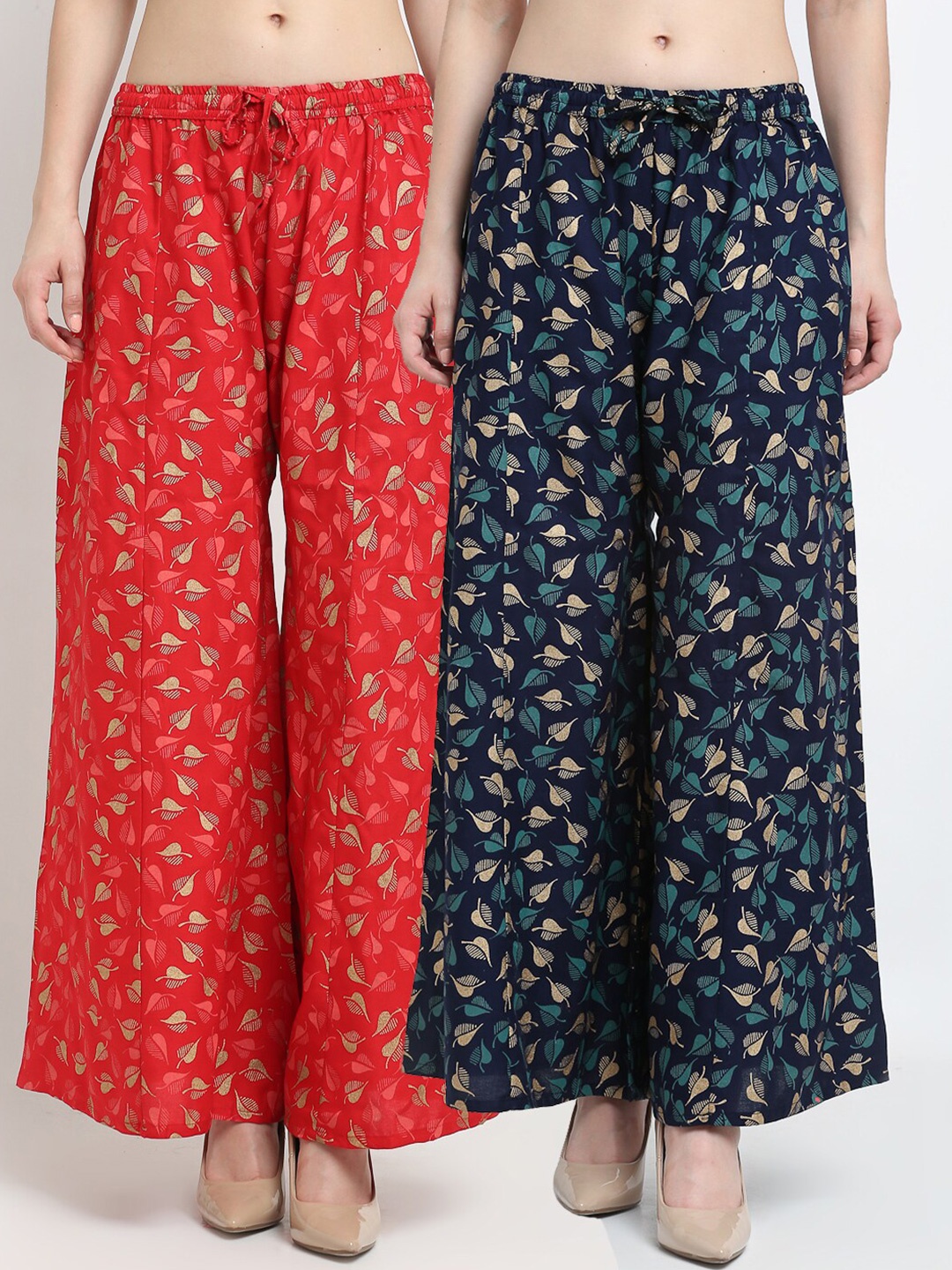 

Jinfo Women Red & Navy Blue Set Of 2 Floral Printed Flared Ethnic Palazzos