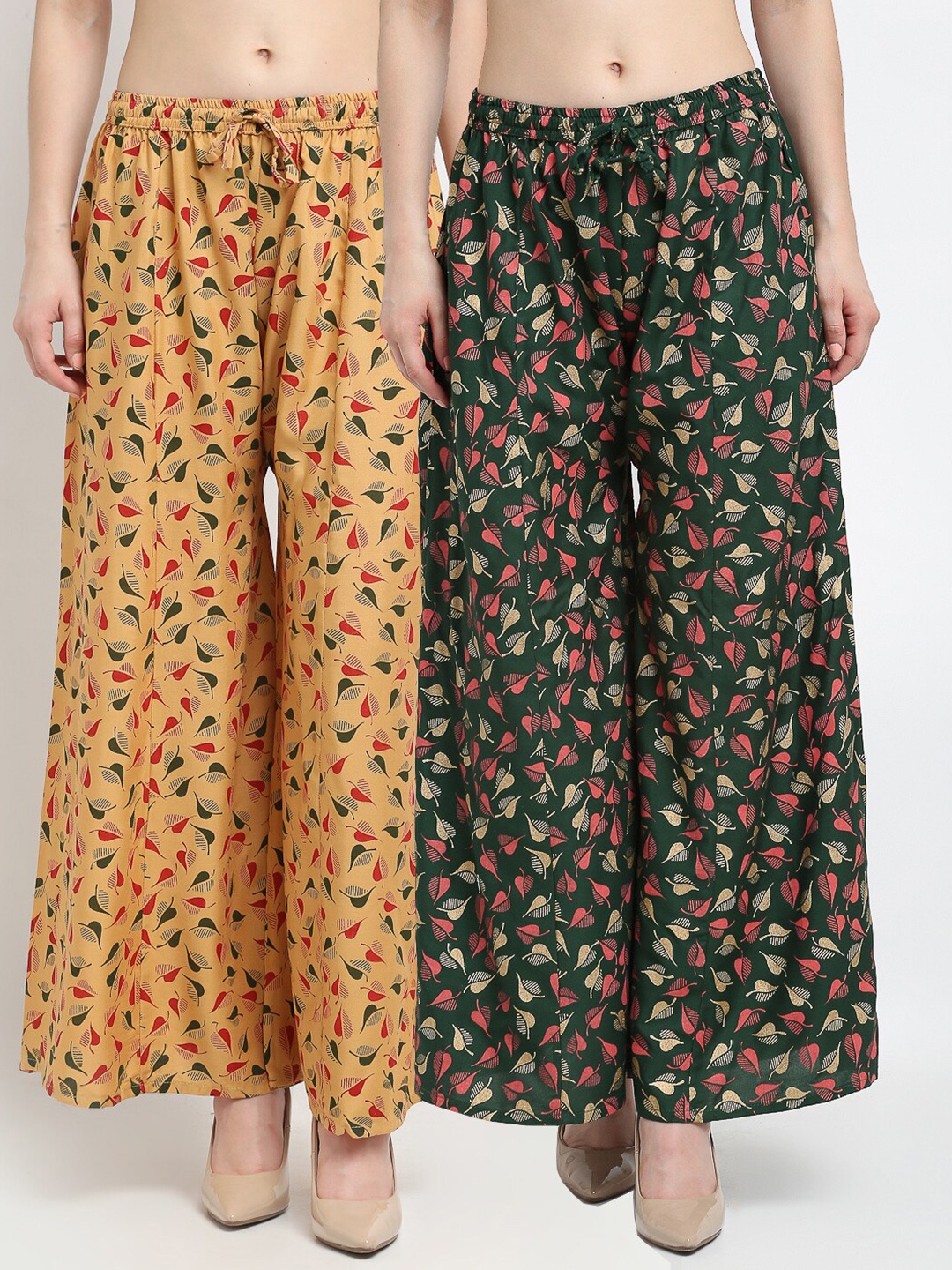 

Jinfo Women Beige & Green Floral Printed Flared Palazzos Set Of 2