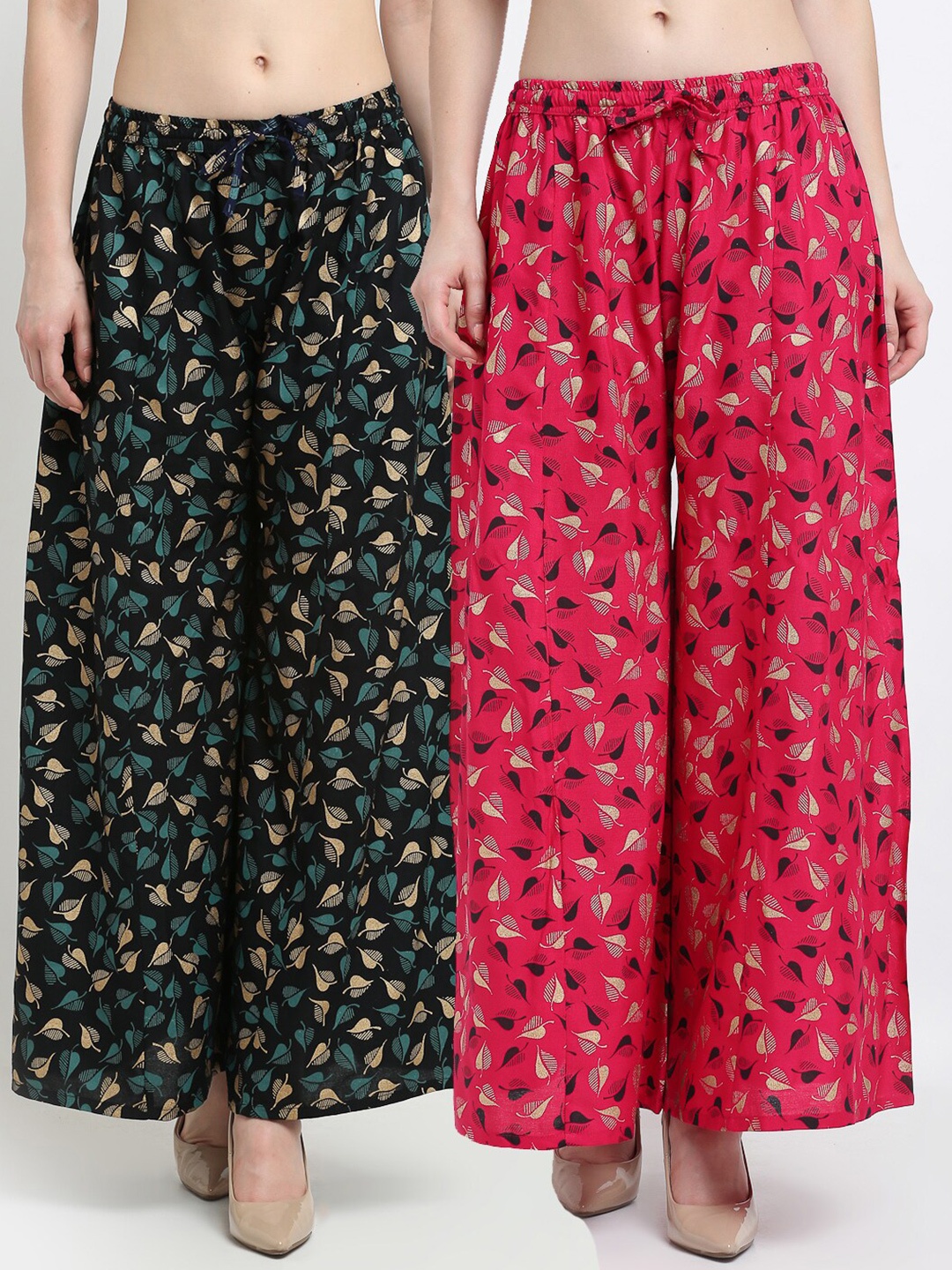 

Jinfo Women Black & Pink Set of 2 Printed Flared Knitted Ethnic Palazzos