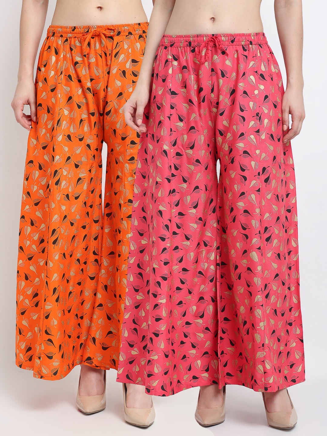

Jinfo Women Orange & Coral Set of 2 Printed Flared Knitted Ethnic Palazzos