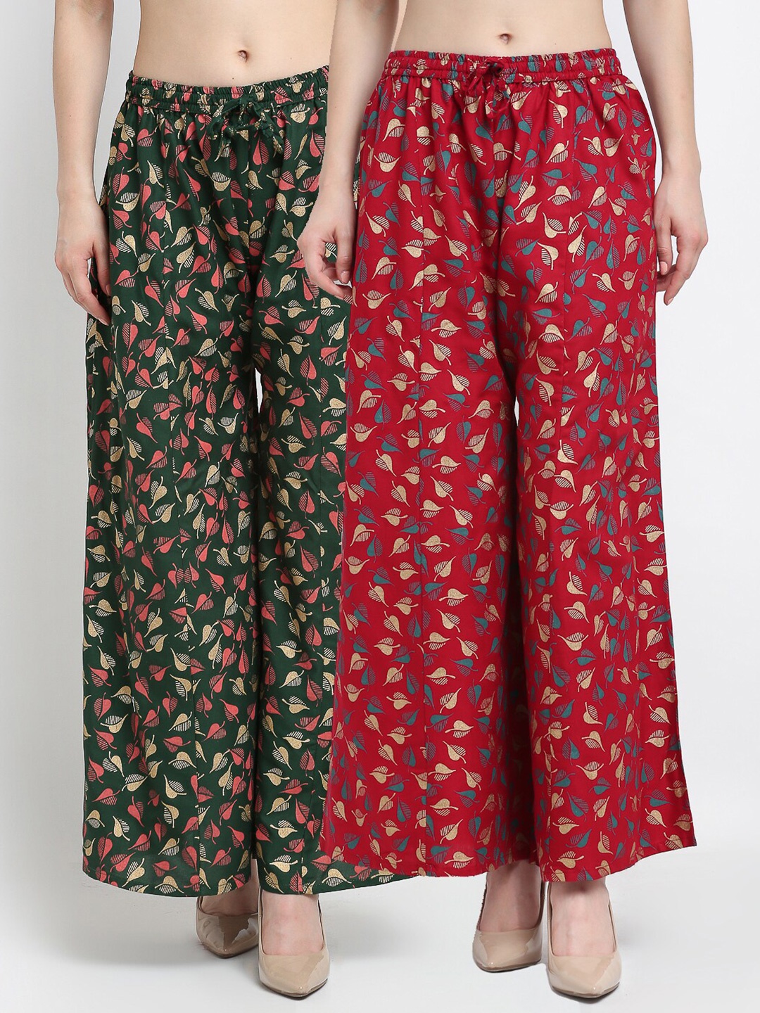

Jinfo Women Green & Maroon Set Of 2 Floral Printed Flared Ethnic Palazzos