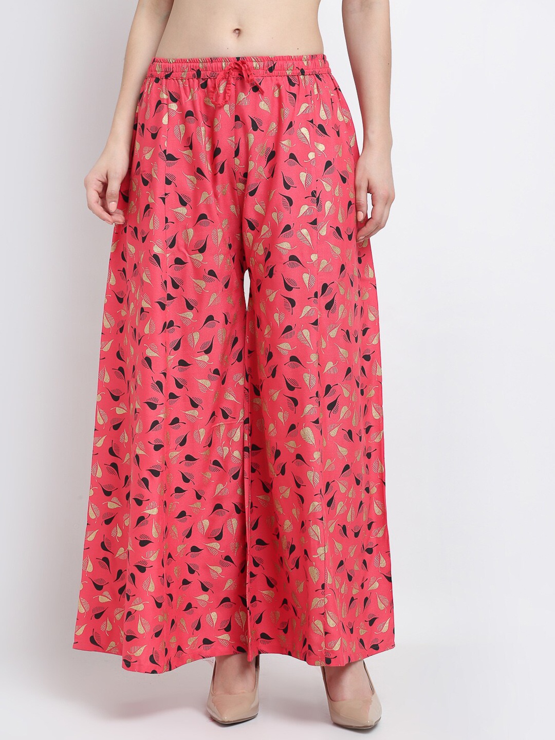 

Jinfo Women Peach-Coloured & Gold-Toned Floral Printed Flared Palazzos