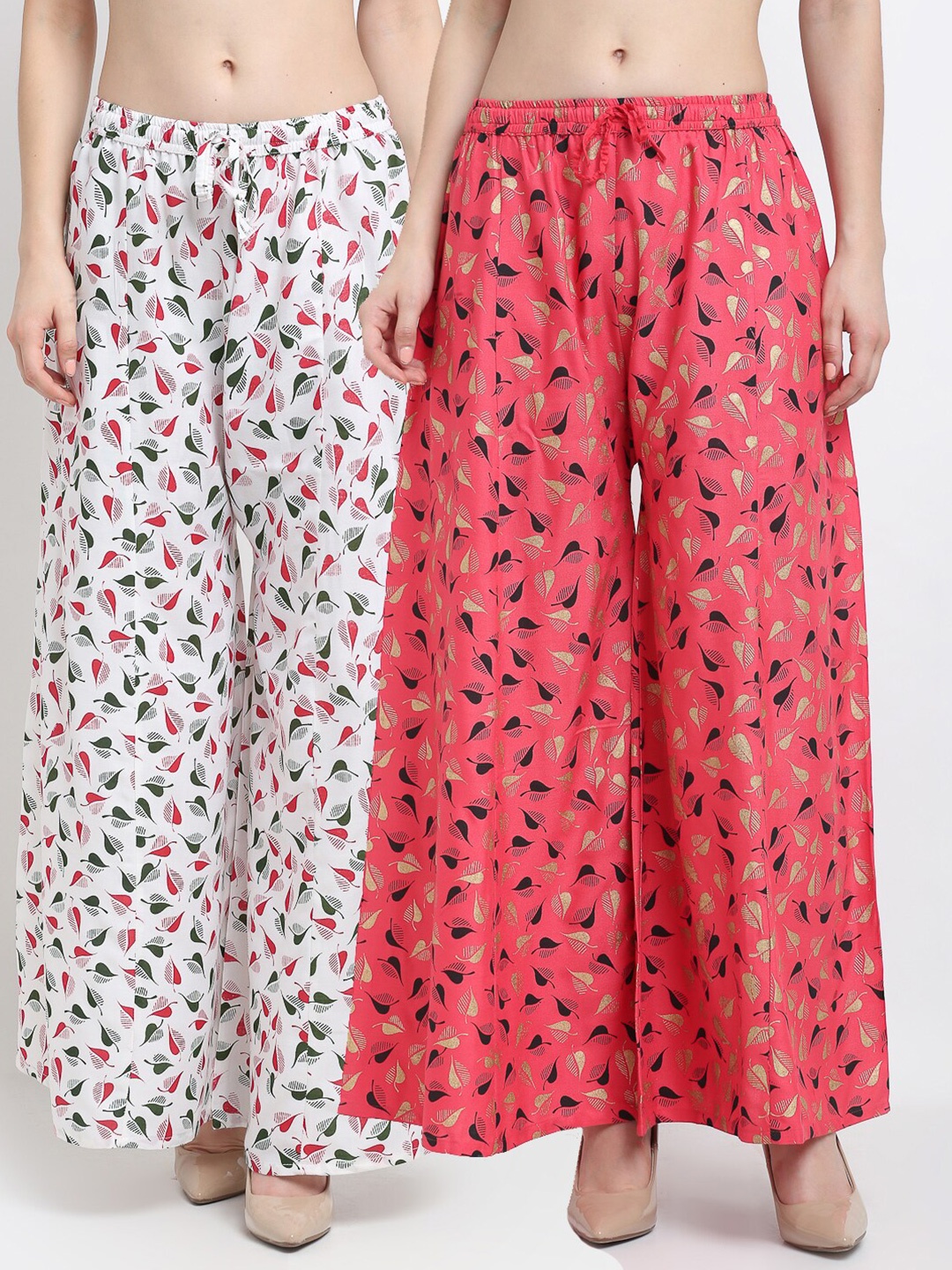 

Jinfo Women White & Orange Set of 2 Floral Printed Flared Ethnic Palazzos