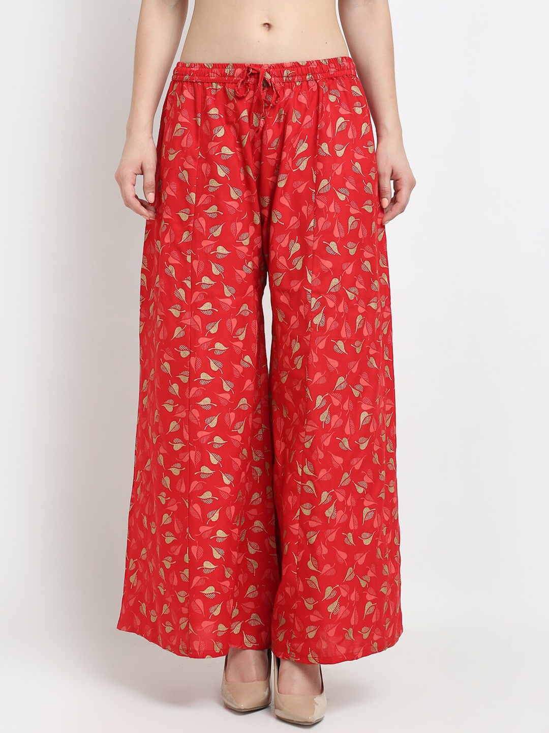 

Jinfo Women Red & Gold-Toned Floral Printed Flared Palazzos