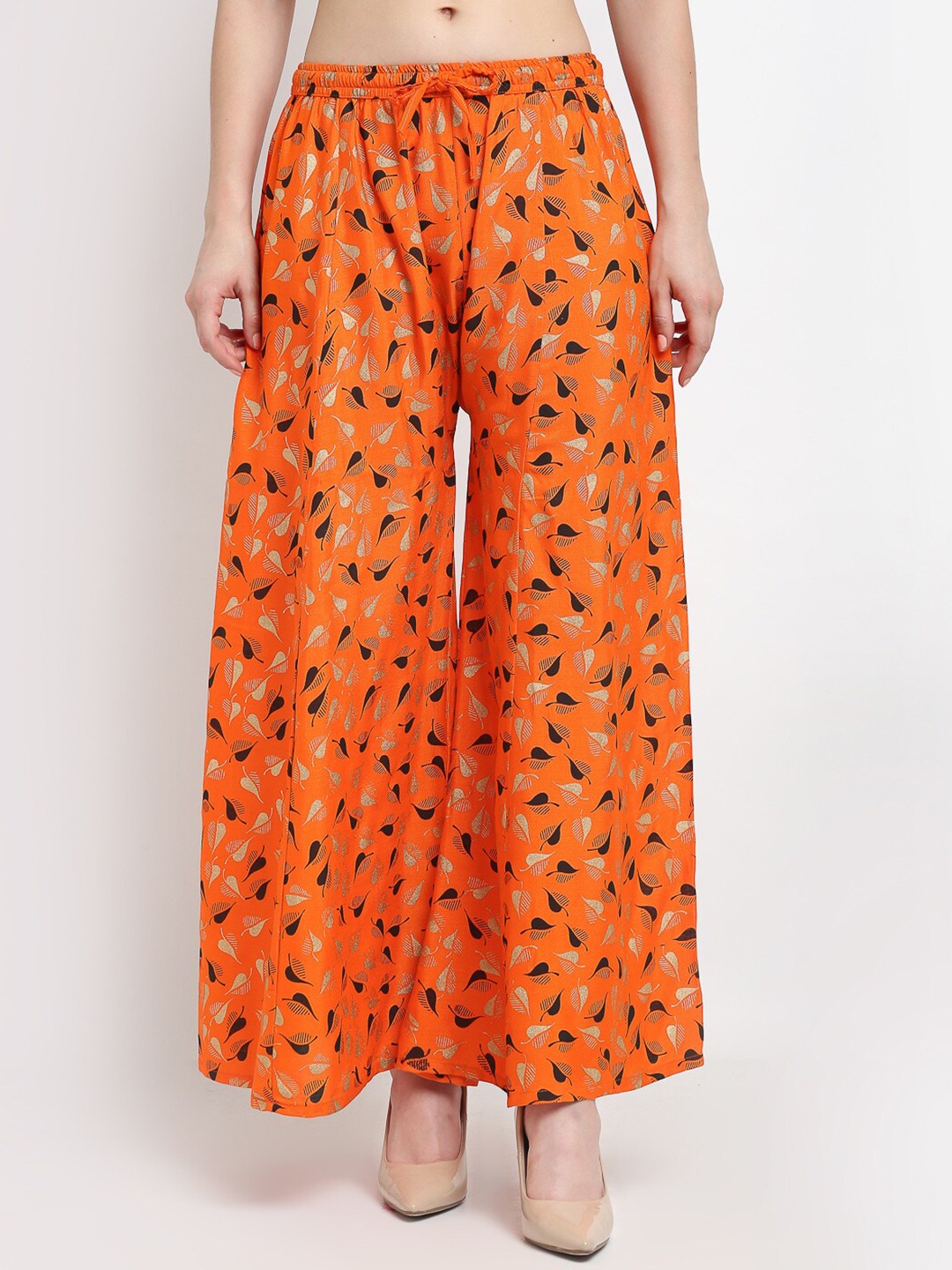 

Jinfo Women Orange & Black Floral Printed Flared Palazzos