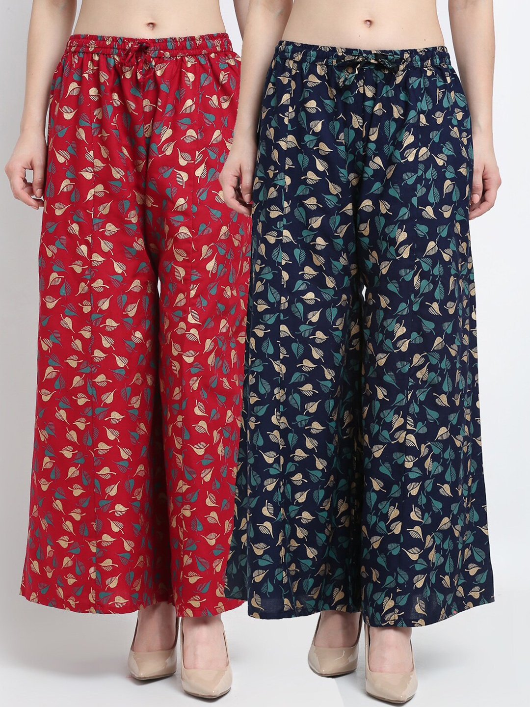 

Jinfo Women Maroon & Navy Blue Set Of 2 Floral Printed Flared Knitted Ethnic Palazzos