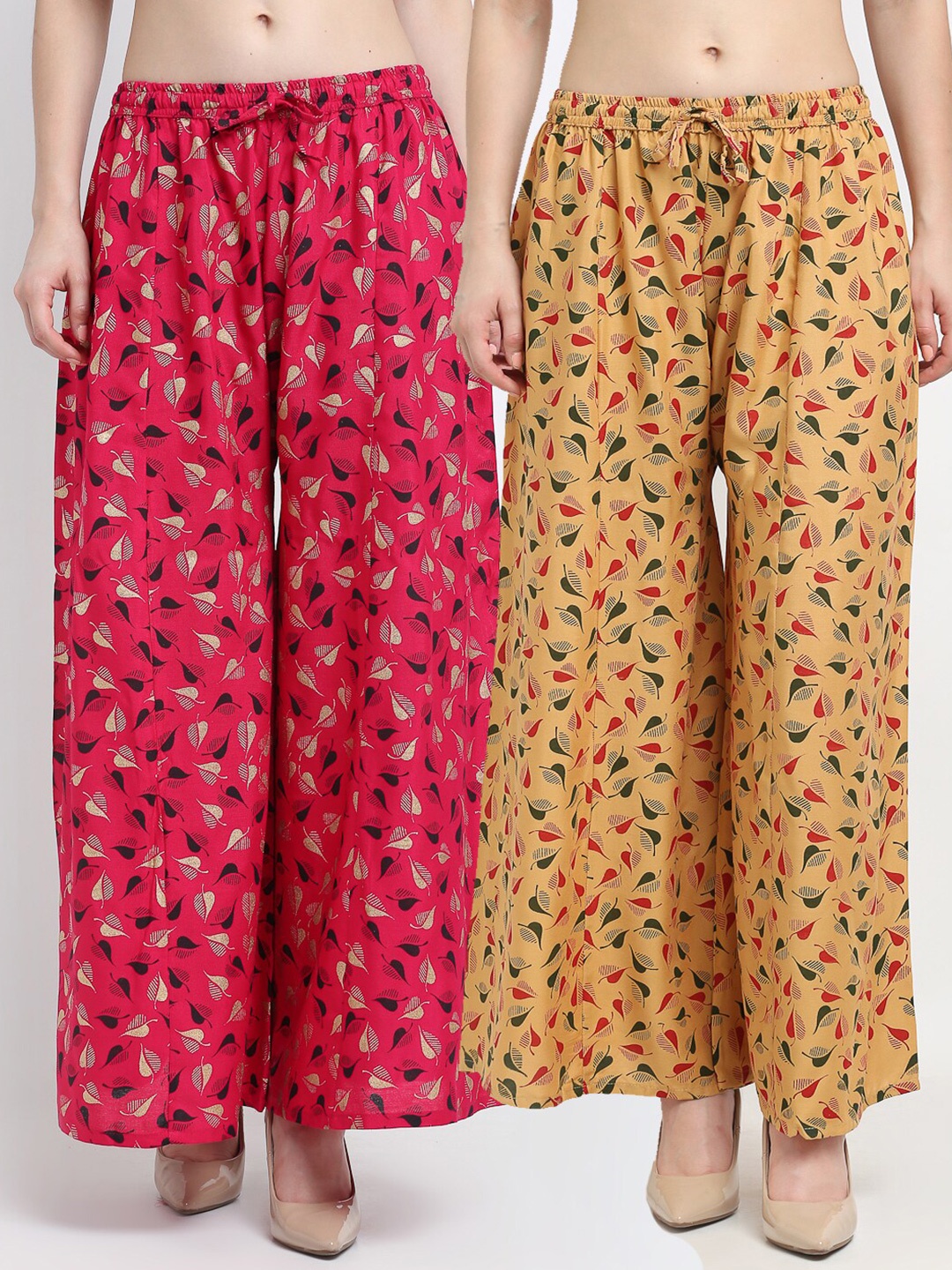 

Jinfo Women Pink & Beige Pack of 2 Printed Flared Knitted Ethnic Palazzos