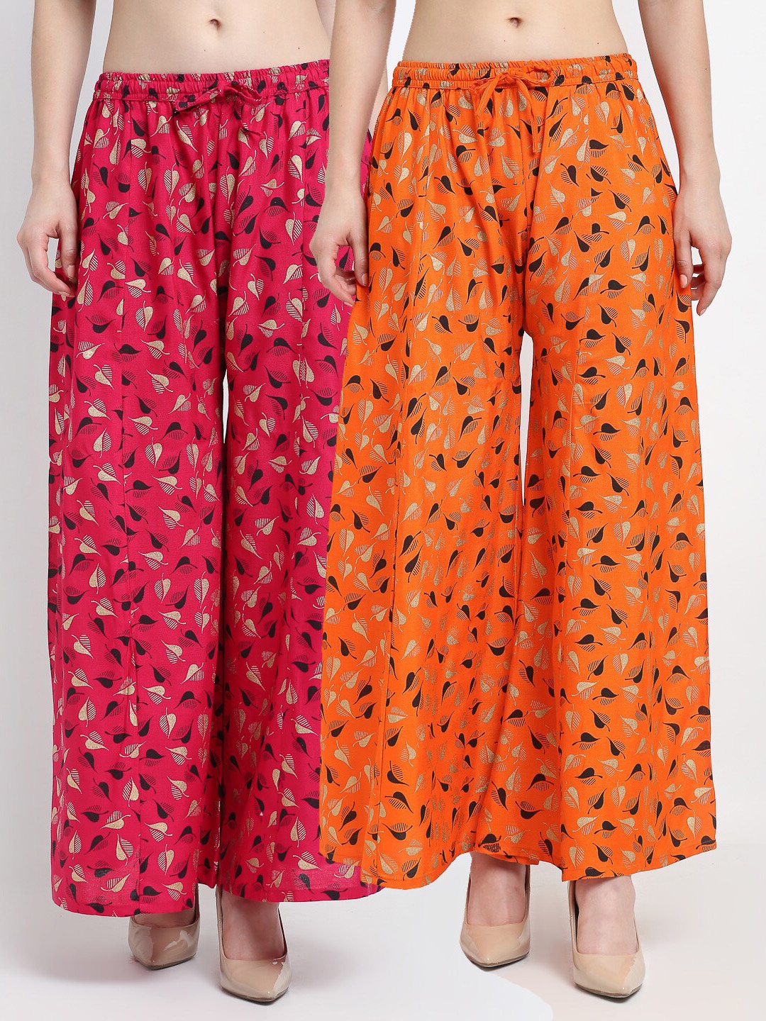 

Jinfo Women Pink & Orange Floral Printed Flared Palazzos Set Of 2