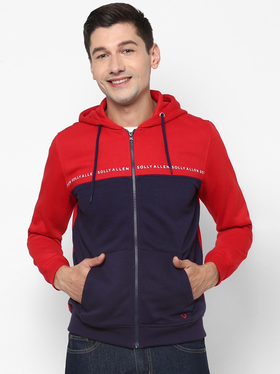 

Allen Solly Men Navy Blue & Red Colourblocked Hooded Sweatshirt