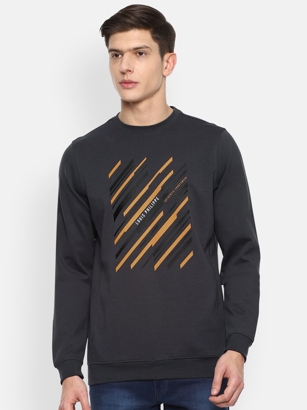 

Louis Philippe Sport Men Grey & Mustard Yellow Printed Sweatshirt