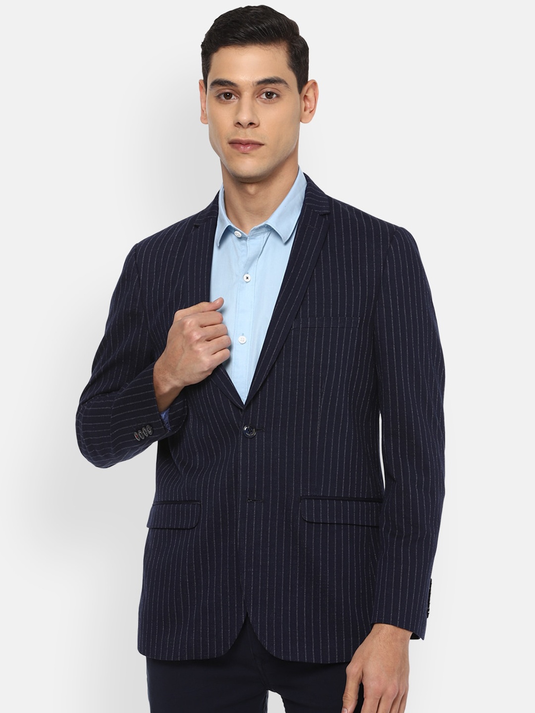 

Louis Philippe Sport Men Navy Blue Striped Single-Breasted Slim-Fit Blazers