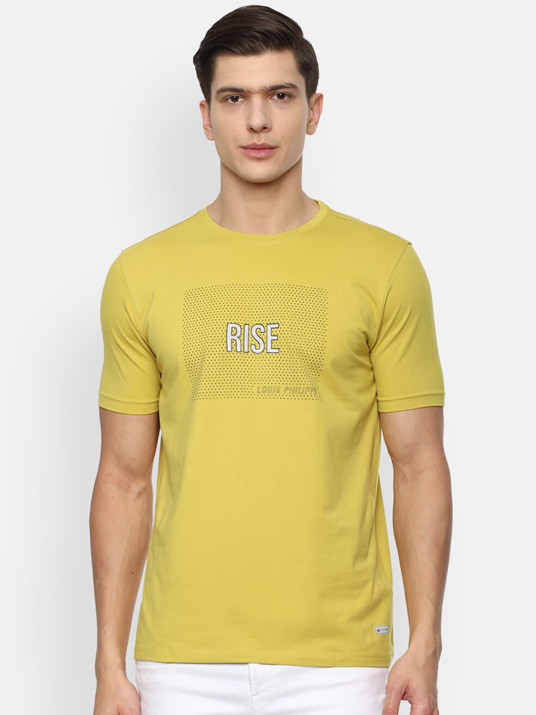 

Louis Philippe ATHPLAY Men Yellow Typography Printed Slim Fit Pure Cotton T-shirt