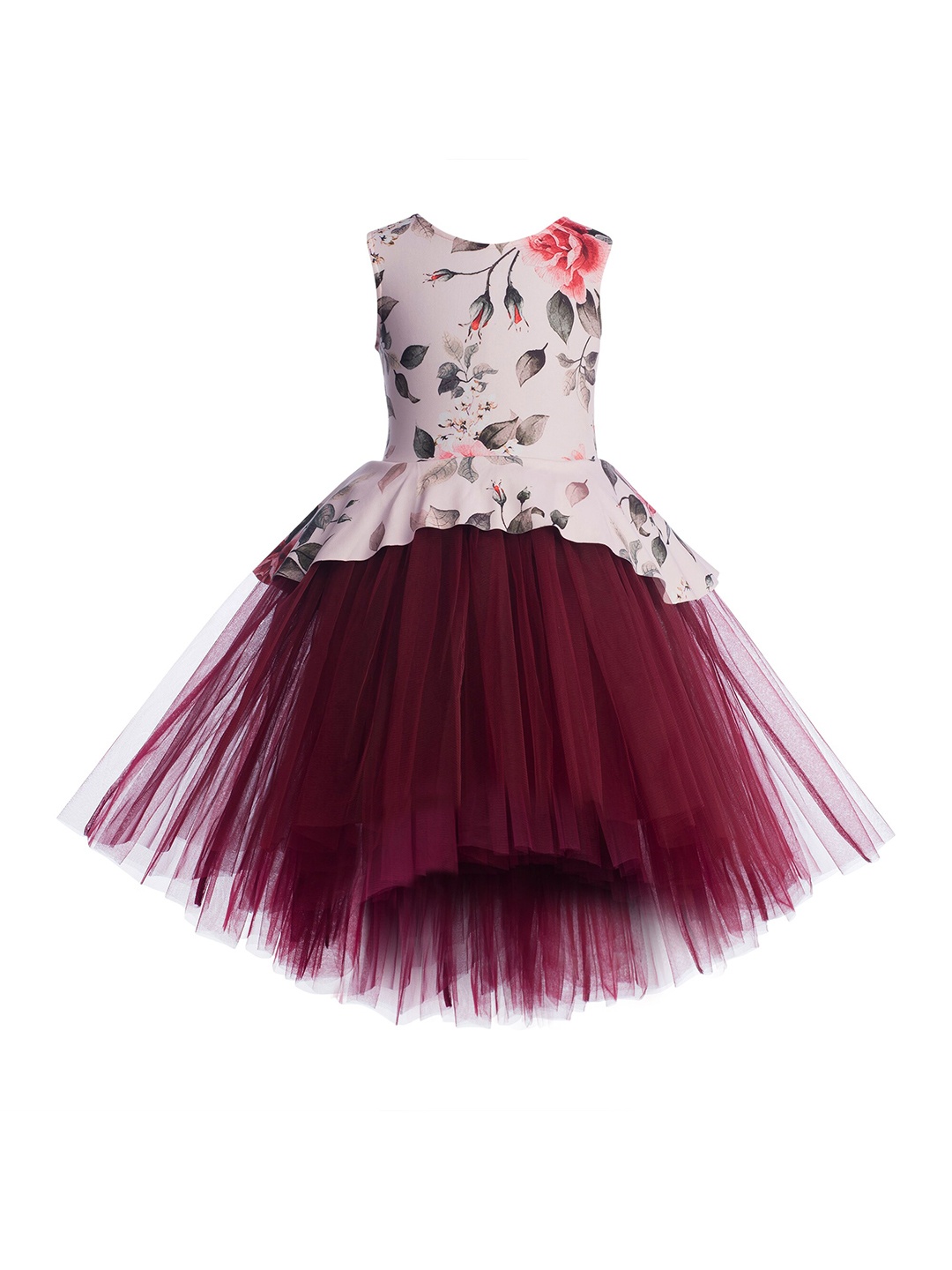 

Toy Balloon kids Maroon & Peach-Coloured Floral Layered Net Dress