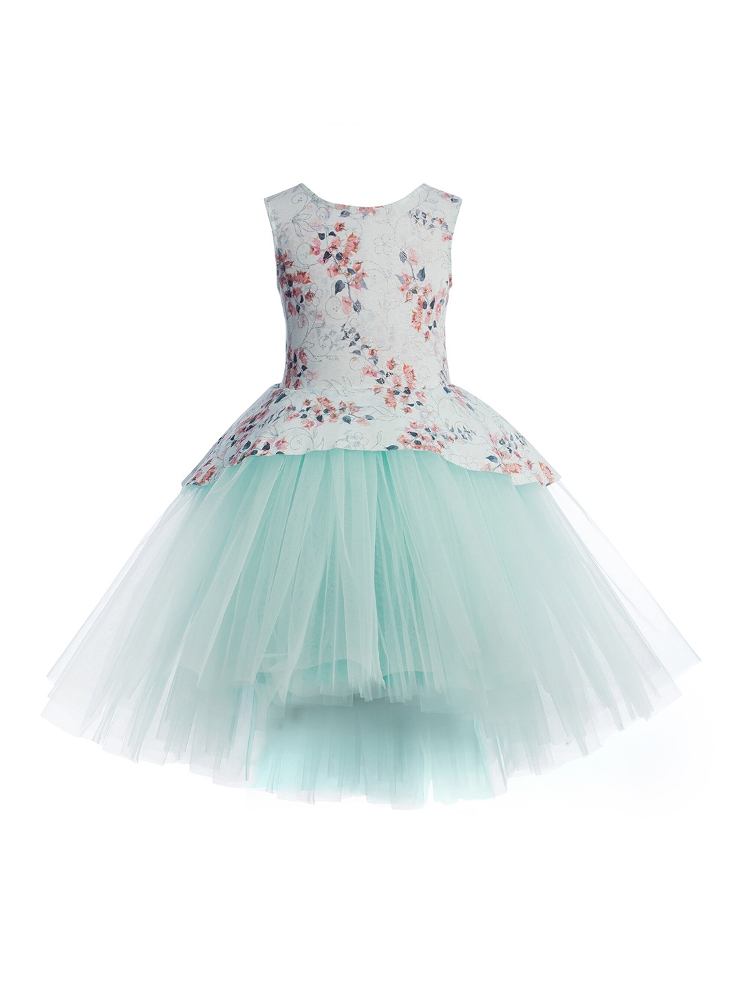 

Toy Balloon kids Sea Green Floral Embellished High-Low Net Fit & Flared Dress