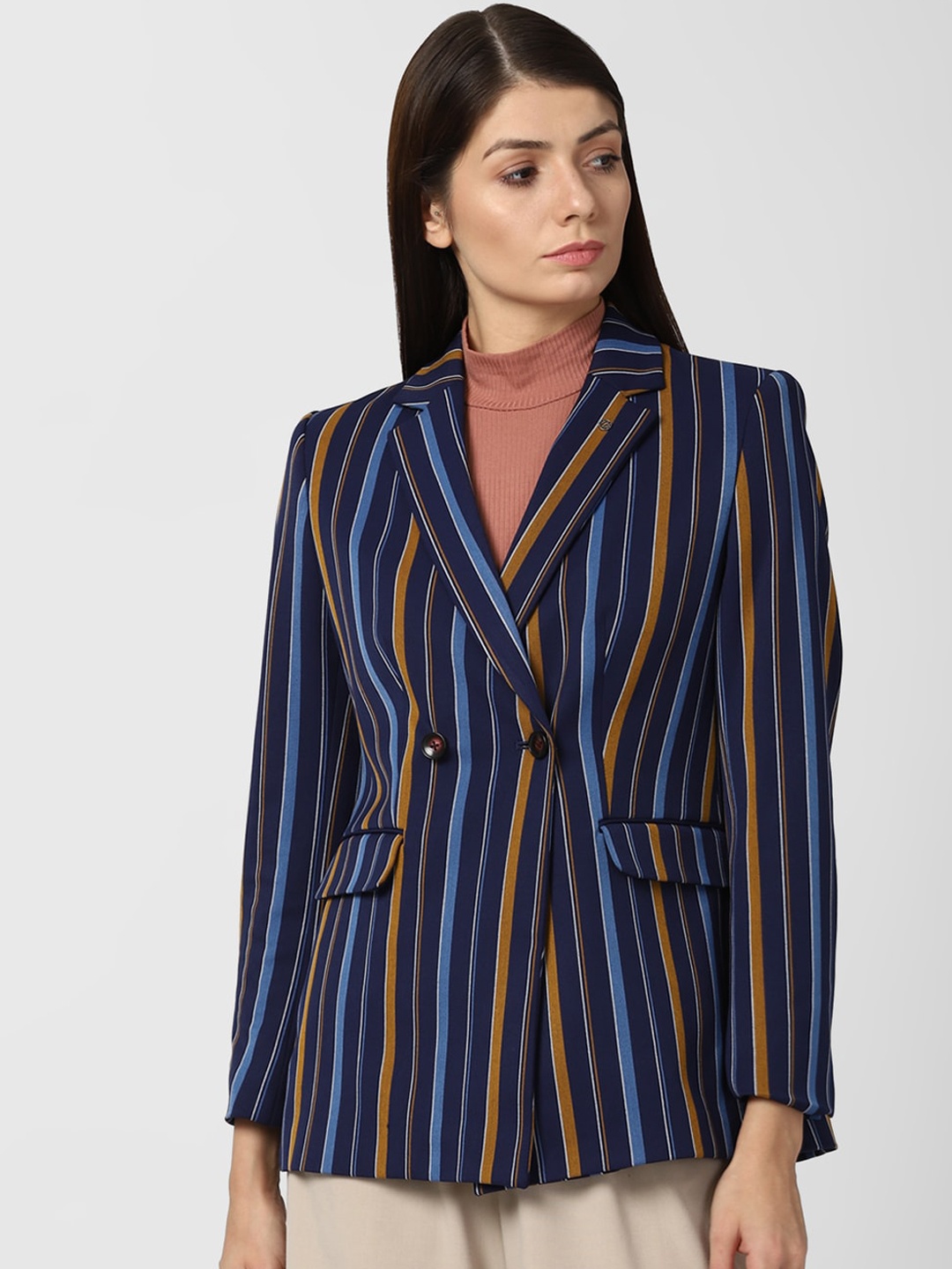 

Van Heusen Woman Navy Blue & Brown Striped Single-Breasted Formal Blazer