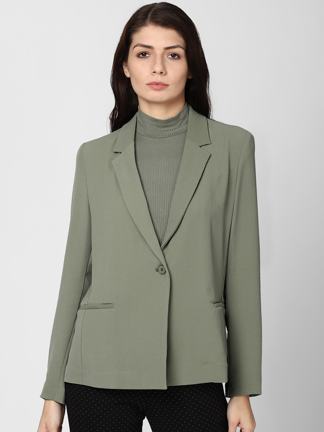 

Van Heusen Woman Olive-Green Self-Design Single-Breasted Casual Blazer
