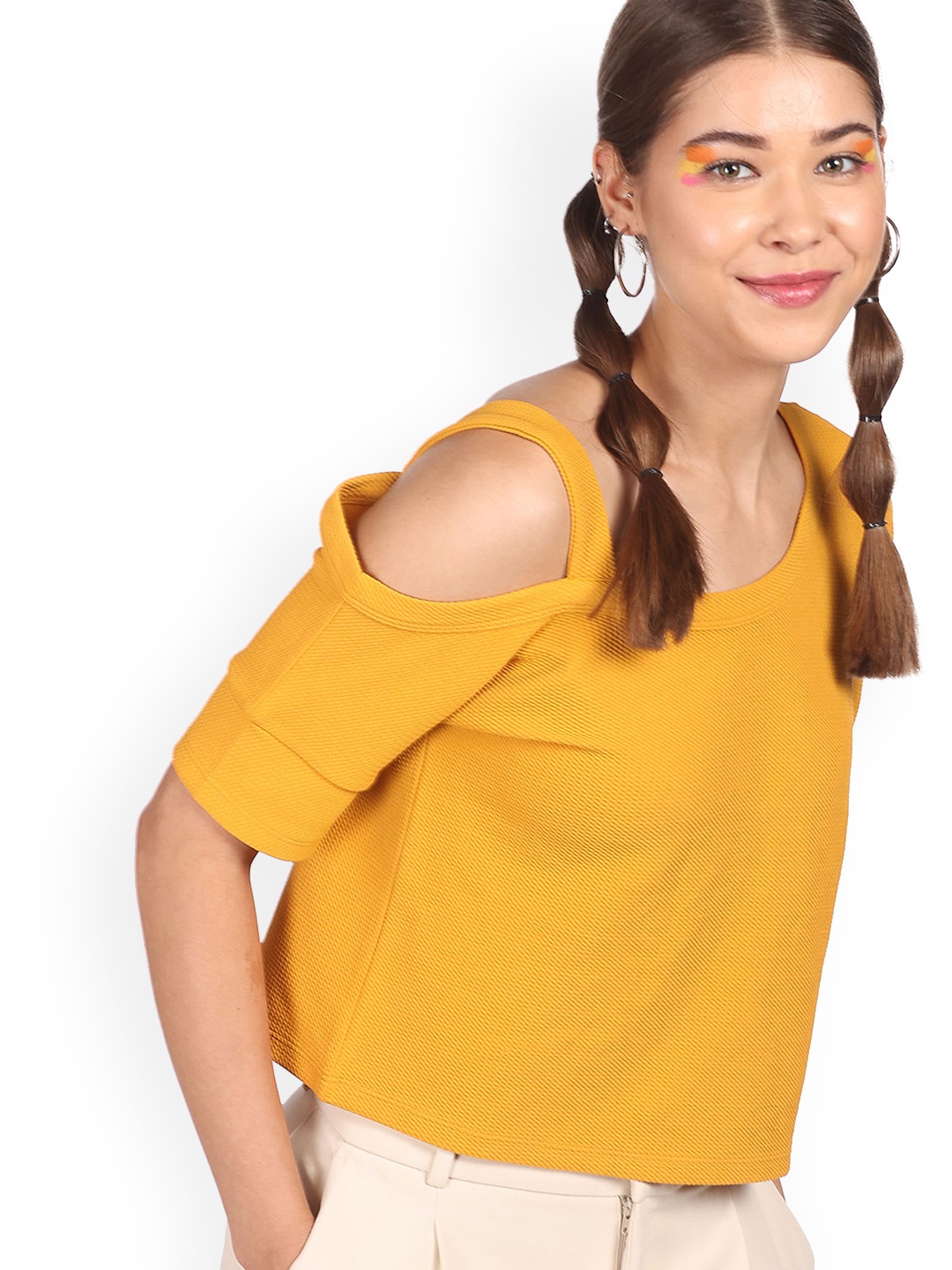 

Sugr Women Yellow Textured One Shoulder Top