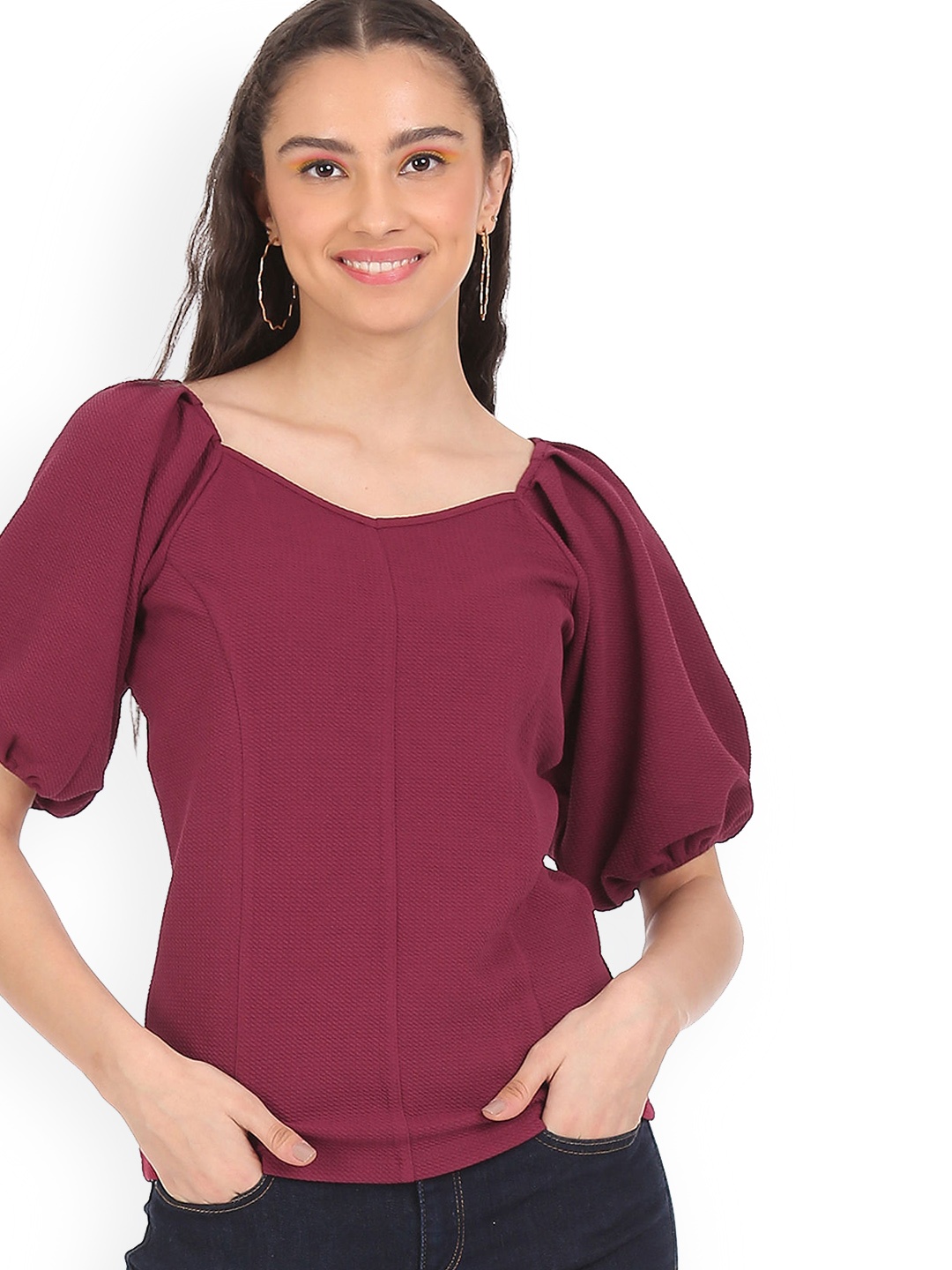 

Sugr Women Purple Puff Sleeves Textured Knitted Top