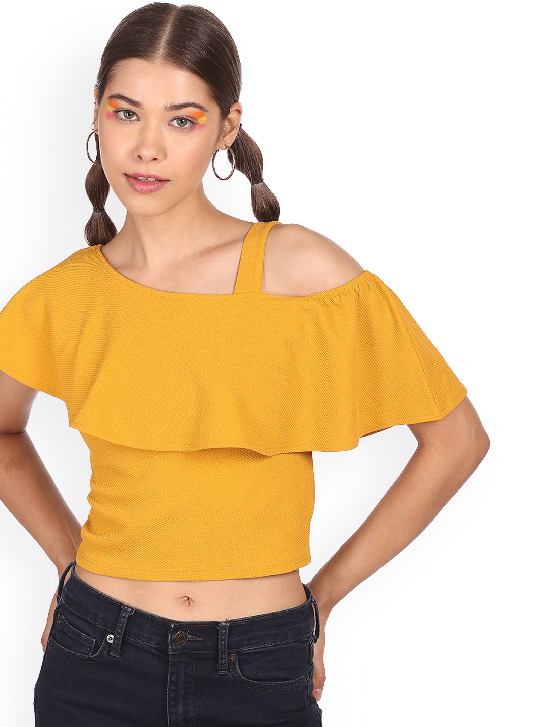 

Sugr Women Yellow Ruffles One Shoulder Top