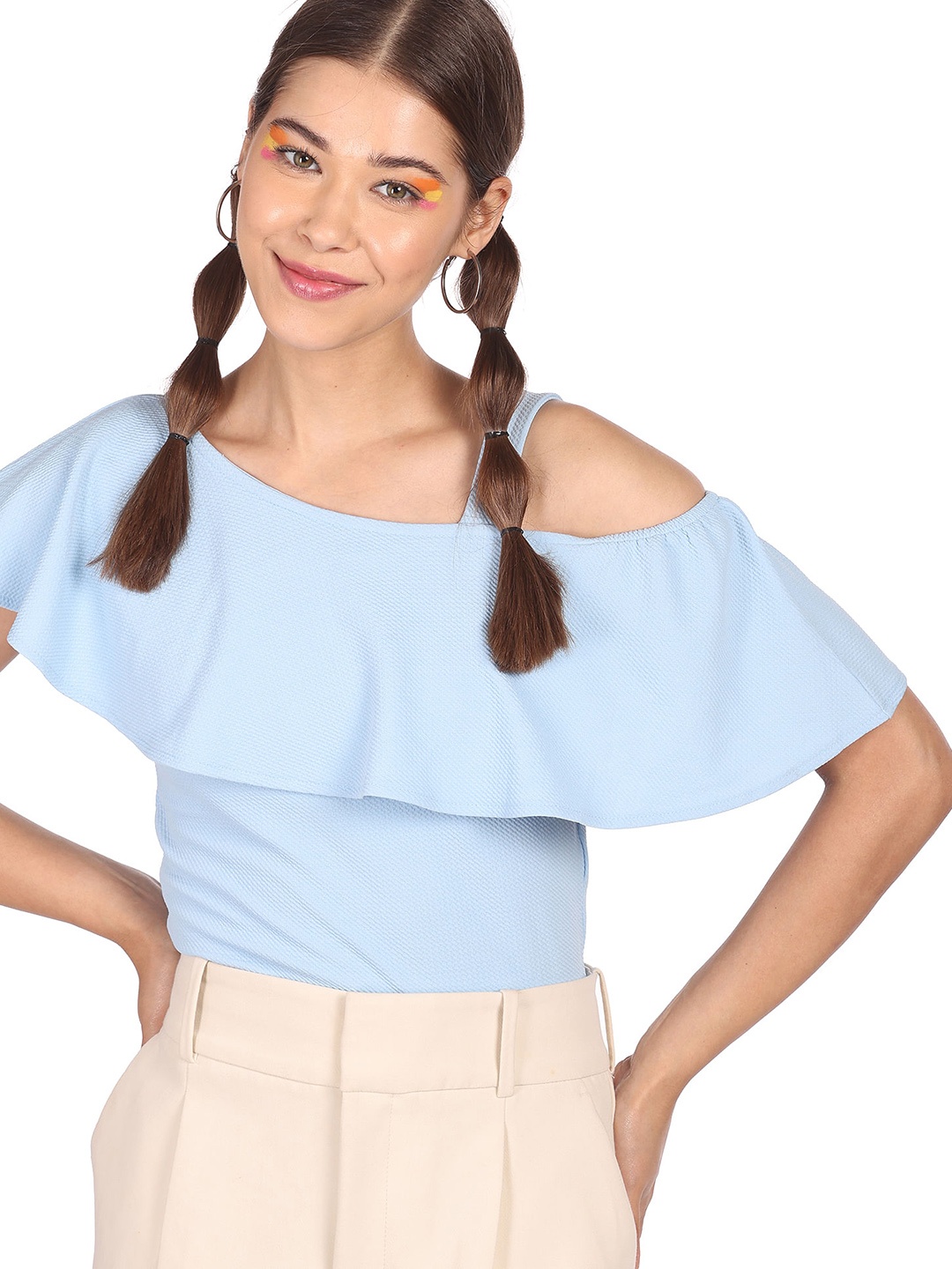 

Sugr Women Blue Ruffle Accent One Shoulder Top