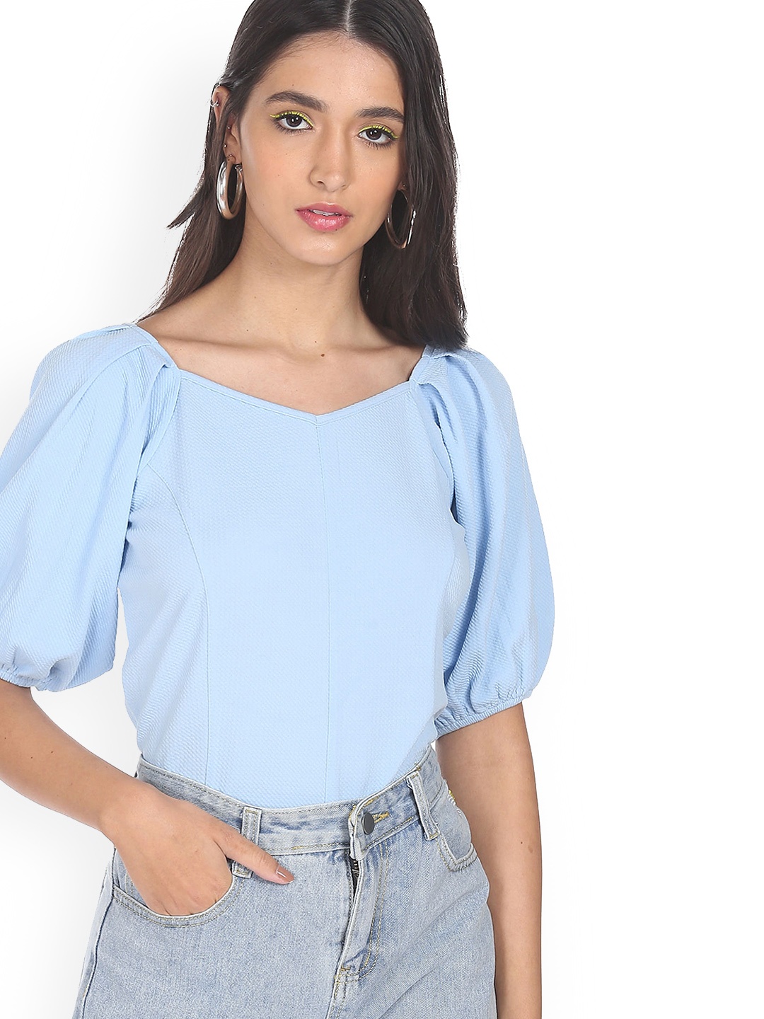 

Sugr Women Blue Solid Puffed Sleeves Textured Top