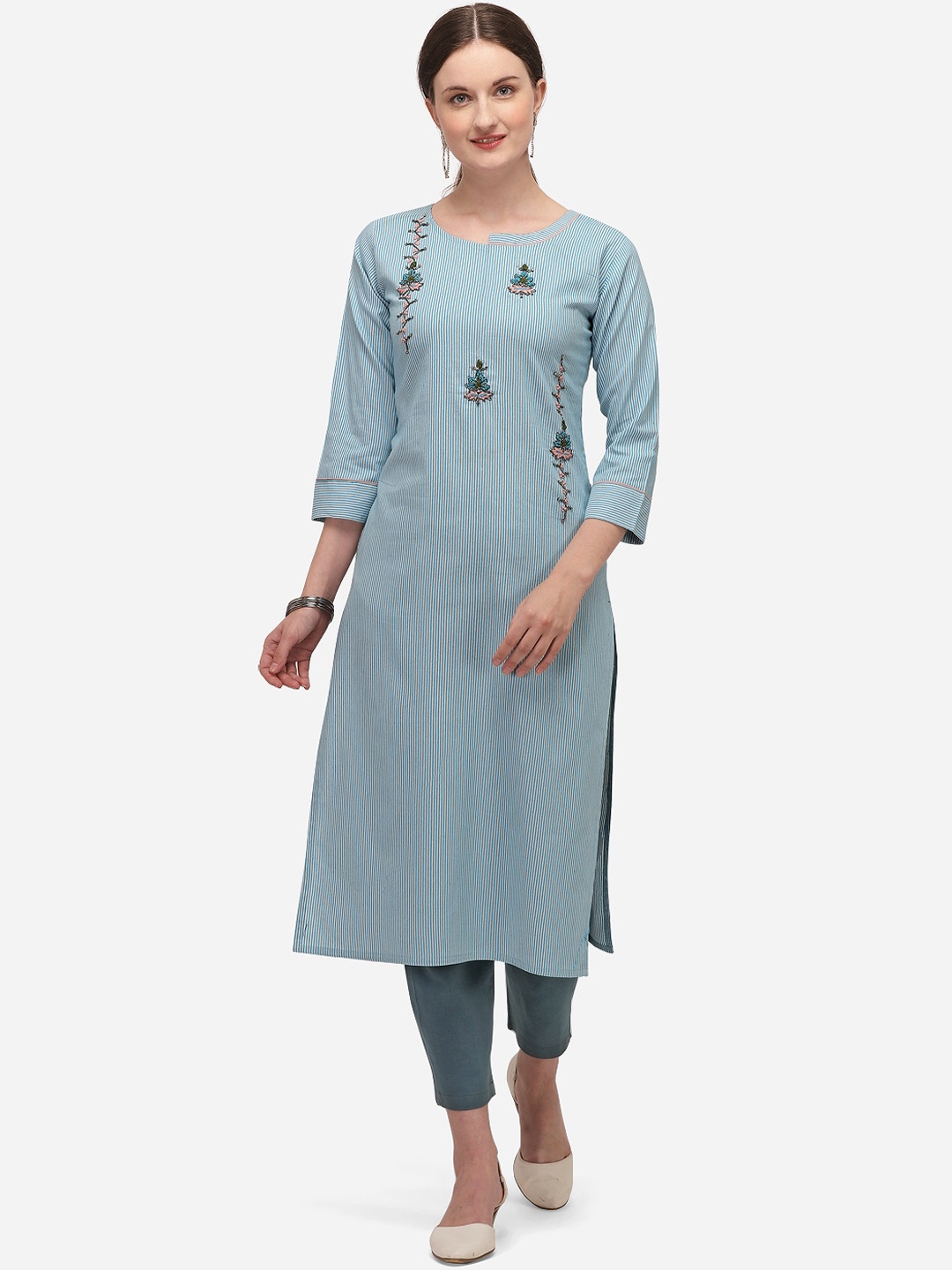 

KALINI Women Blue & White Striped Thread Work Cotton Kurta