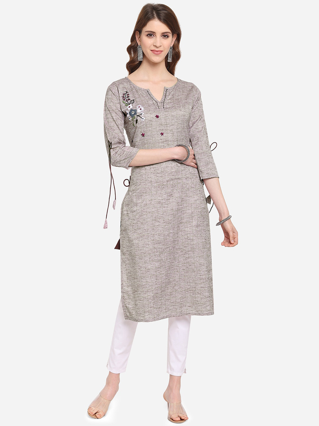 

KALINI Women Grey & White Checked Thread Work Cotton Kurta
