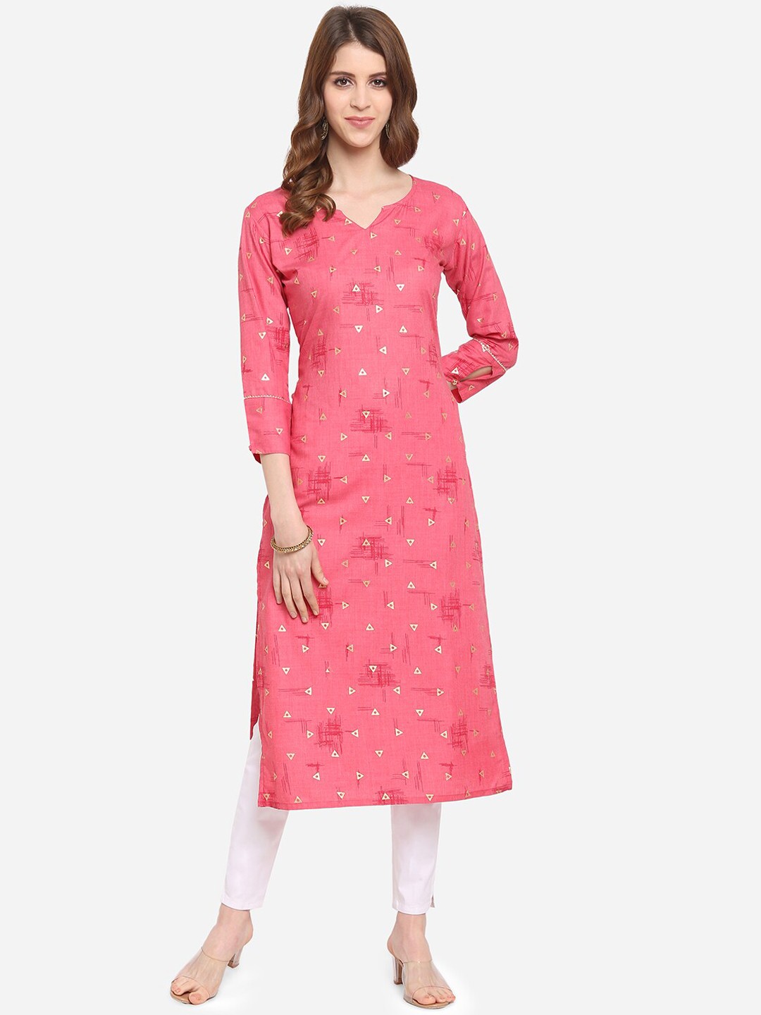 

KALINI Women Pink & Gold-Toned Geometric Foil Printed Cotton Kurta