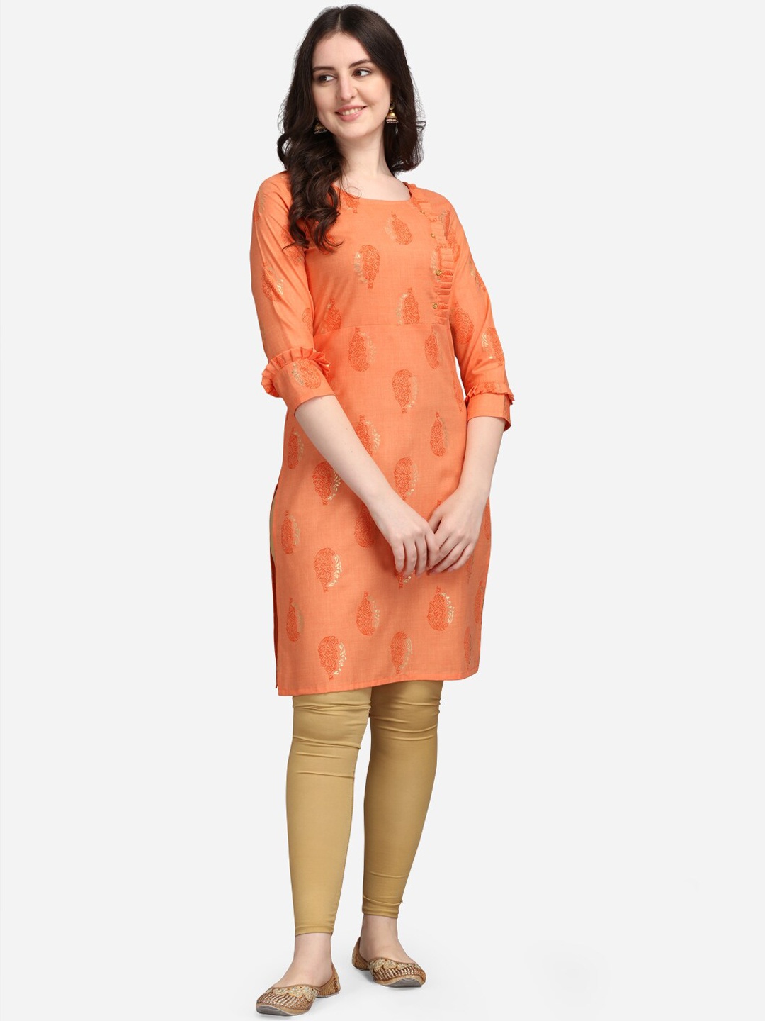 

KALINI Women Orange & Gold-Toned Ethnic Motifs Foil Printed Cotton Kurta