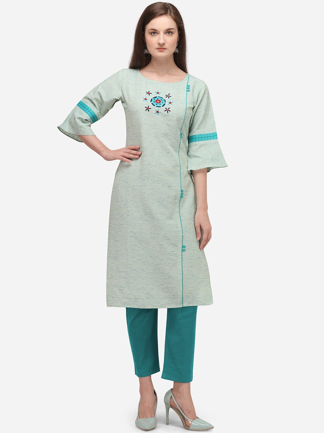 

KALINI Women Sea Green & Red Floral Embroidered Bell Sleeves Mirror Work Cotton Kurta