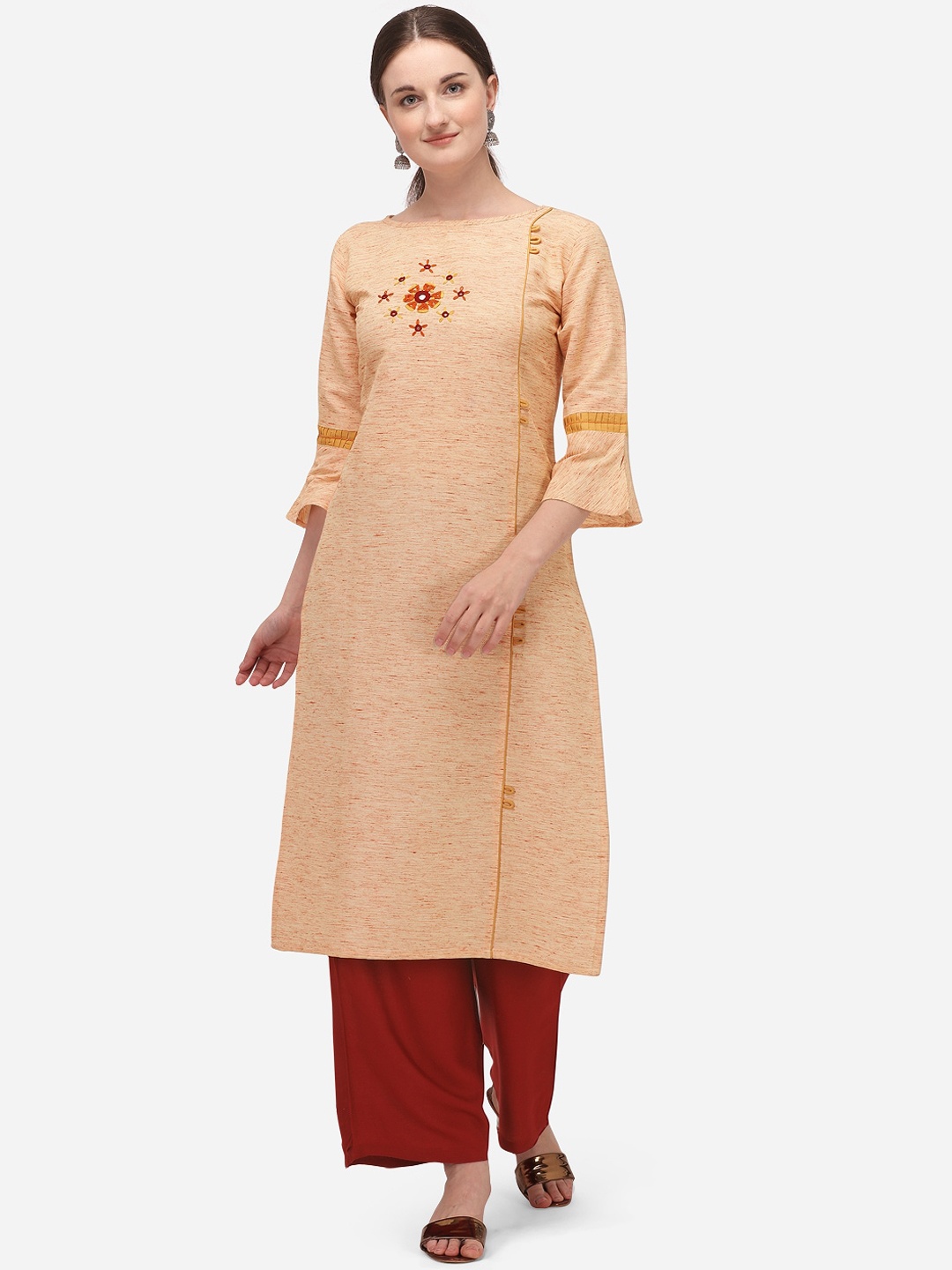 

KALINI Women Peach-Coloured & Red Floral Embroidered Bell Sleeves Mirror Work Cotton Kurta