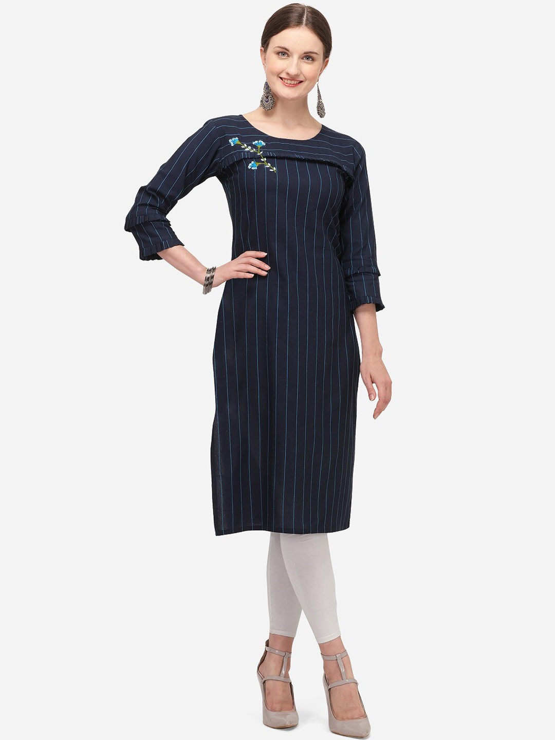 

KALINI Women Navy Blue & Green Striped Thread Work Cotton Kurta
