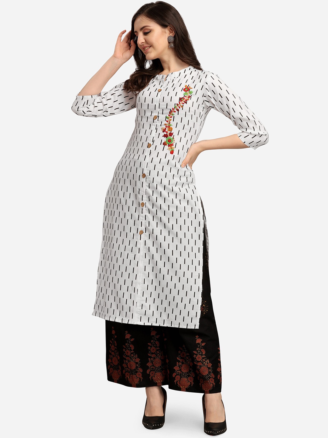 

KALINI Women White & Black Geometric Printed Thread Work Cotton Kurta