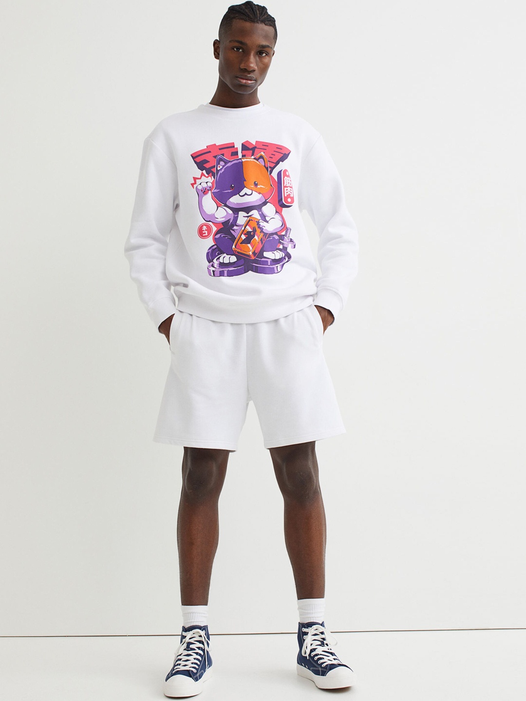 

H&M Men Relaxed Fit Printed sweatshorts, White