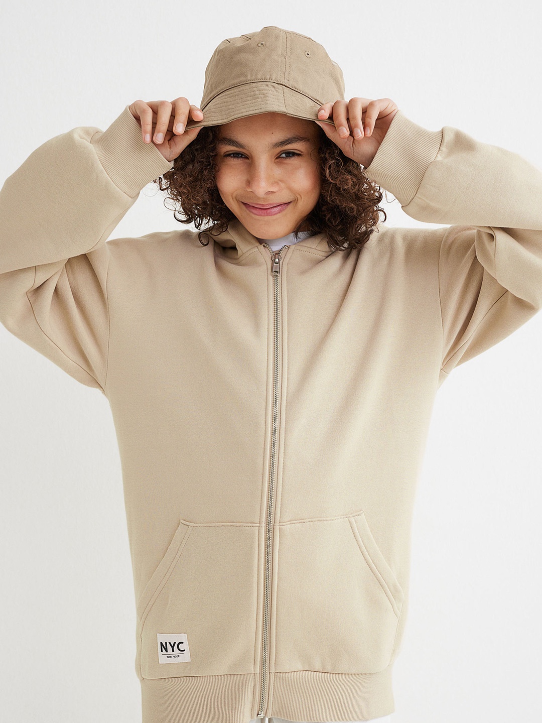 

H&M Girls Beige Solid Oversized Zip-Through Hoodie