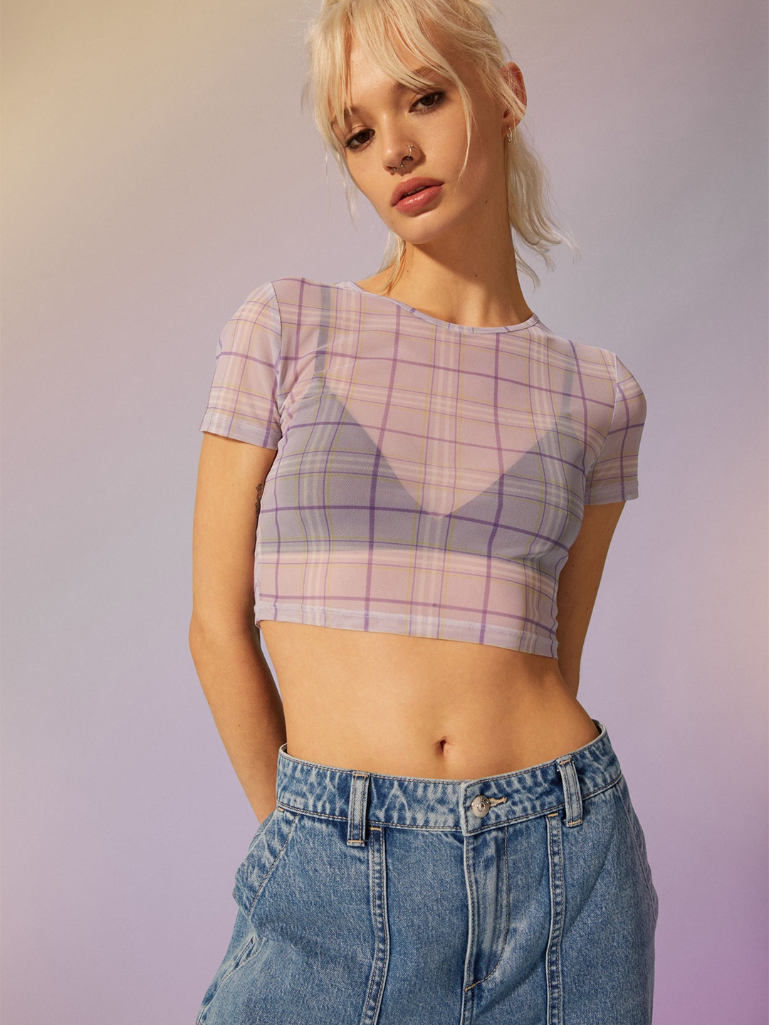 

H&M Women Purple Checked Sheer Cropped Top