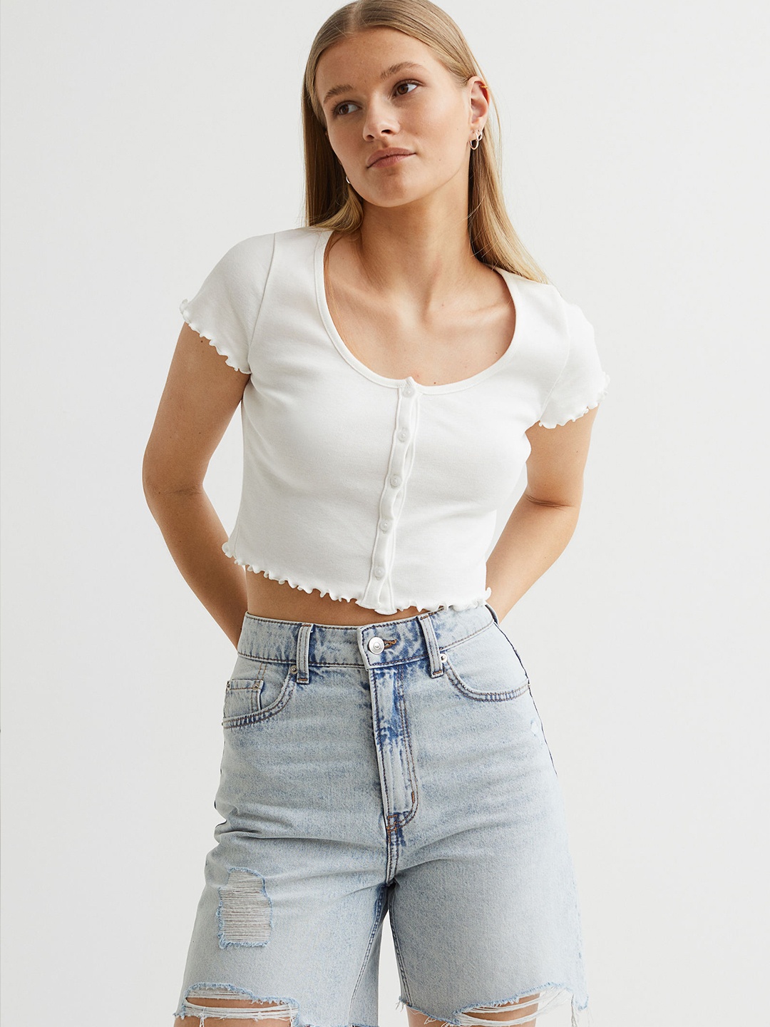 

H&M Women White Pure Cotton Button-Front Top