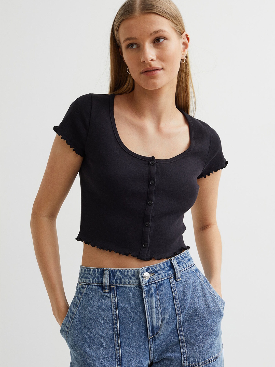 

H&M Women Black Pure Cotton Button-Front Top