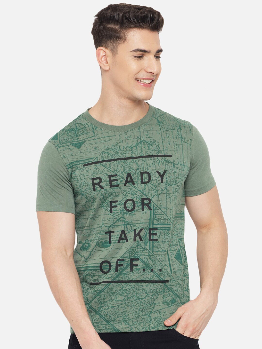 

Plagg Men Green & Black Printed Round Neck Cotton T-shirt
