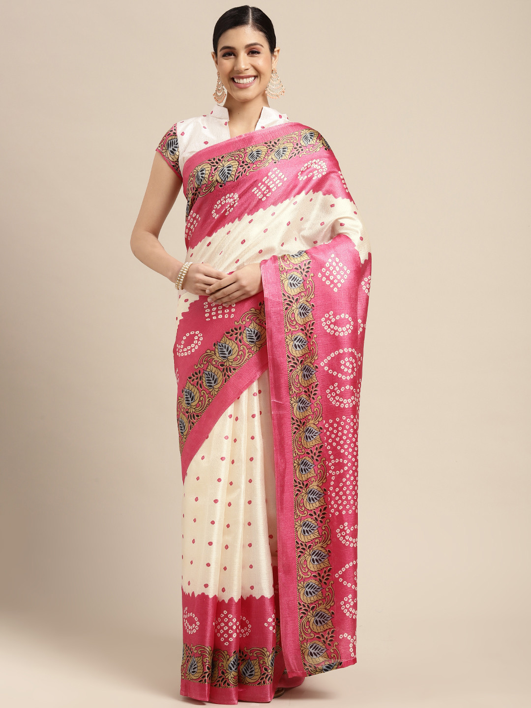 

SIRIL White & Pink Bandhani Silk Cotton Saree
