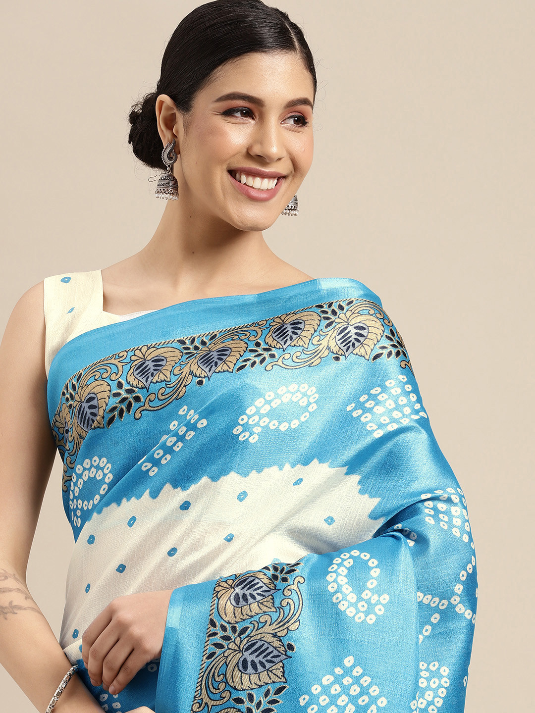

SIRIL Blue & White Bandhani Silk Cotton Half and Half Saree