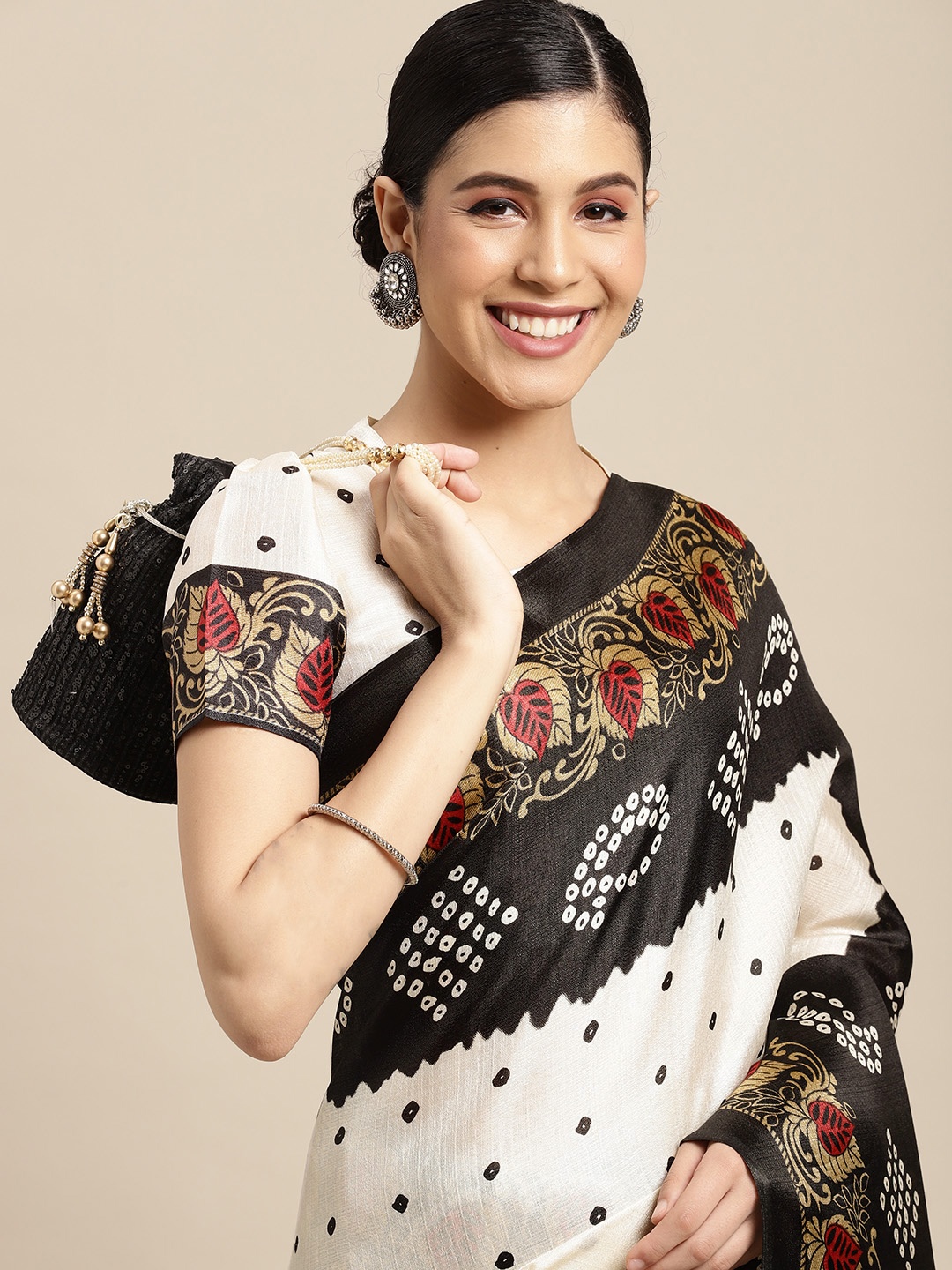 

SIRIL White & Black Bandhani Silk Cotton Saree