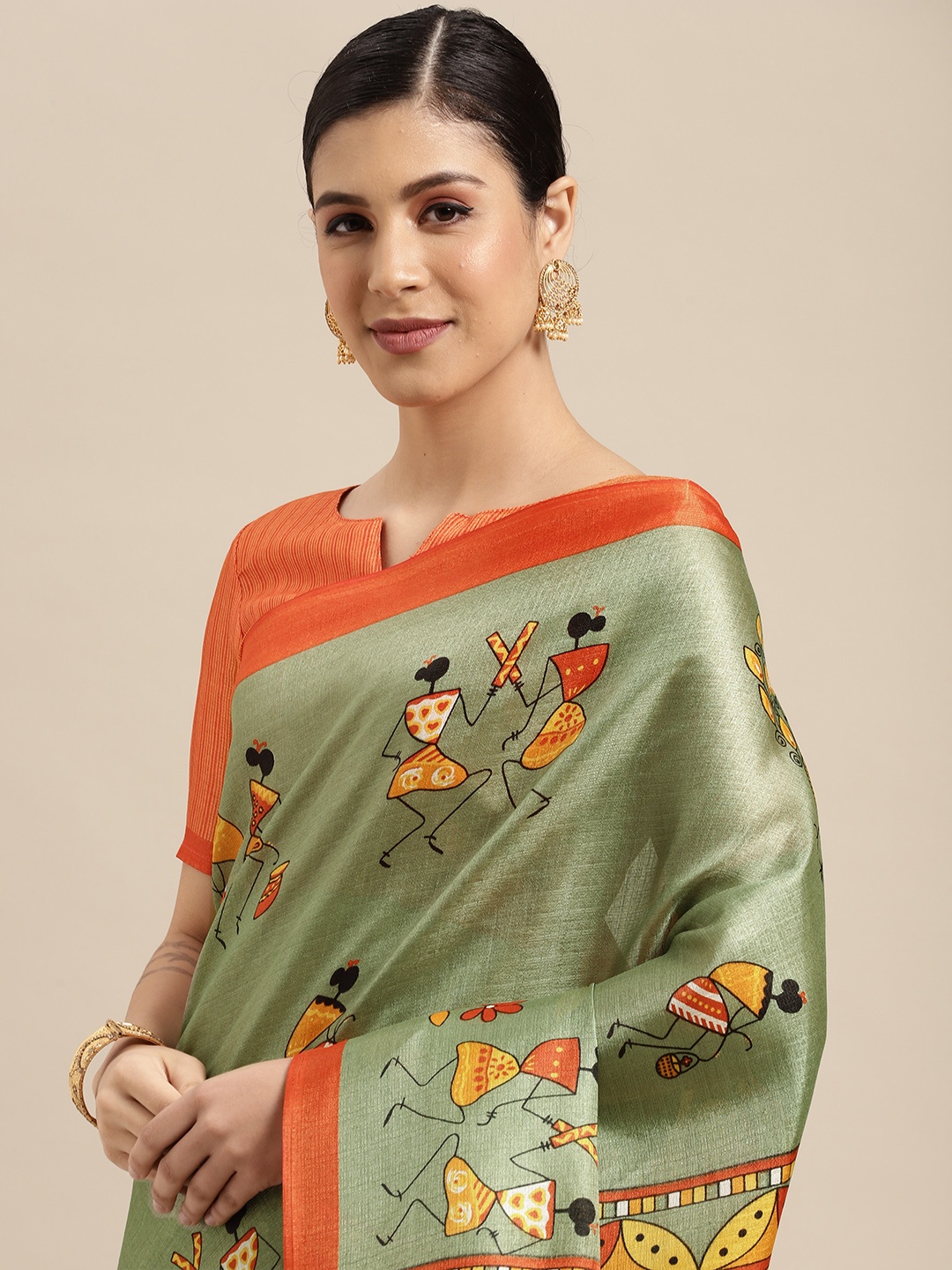 

SIRIL Green & Orange Warli Silk Cotton Saree