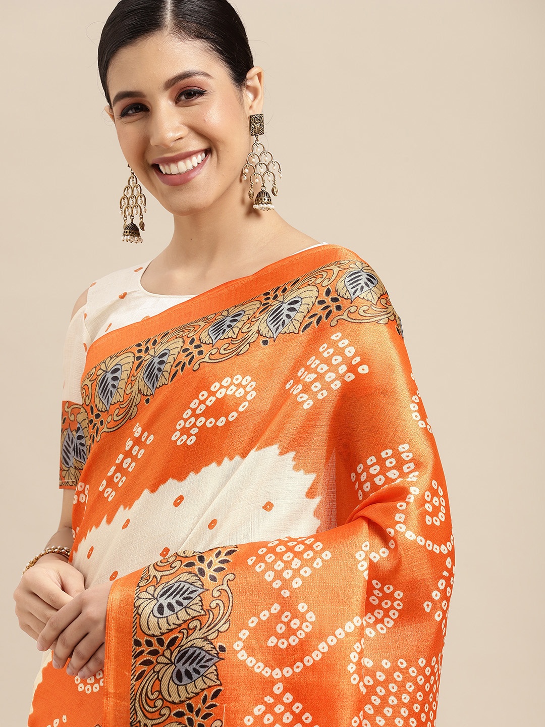 

SIRIL Orange & White Bandhani Silk Cotton Half and Half Saree