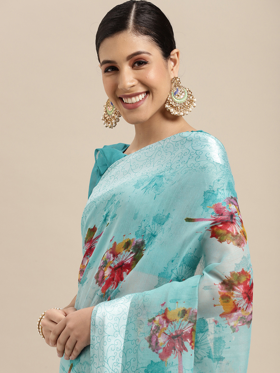 

SIRIL Turquoise Blue & Red Floral Saree