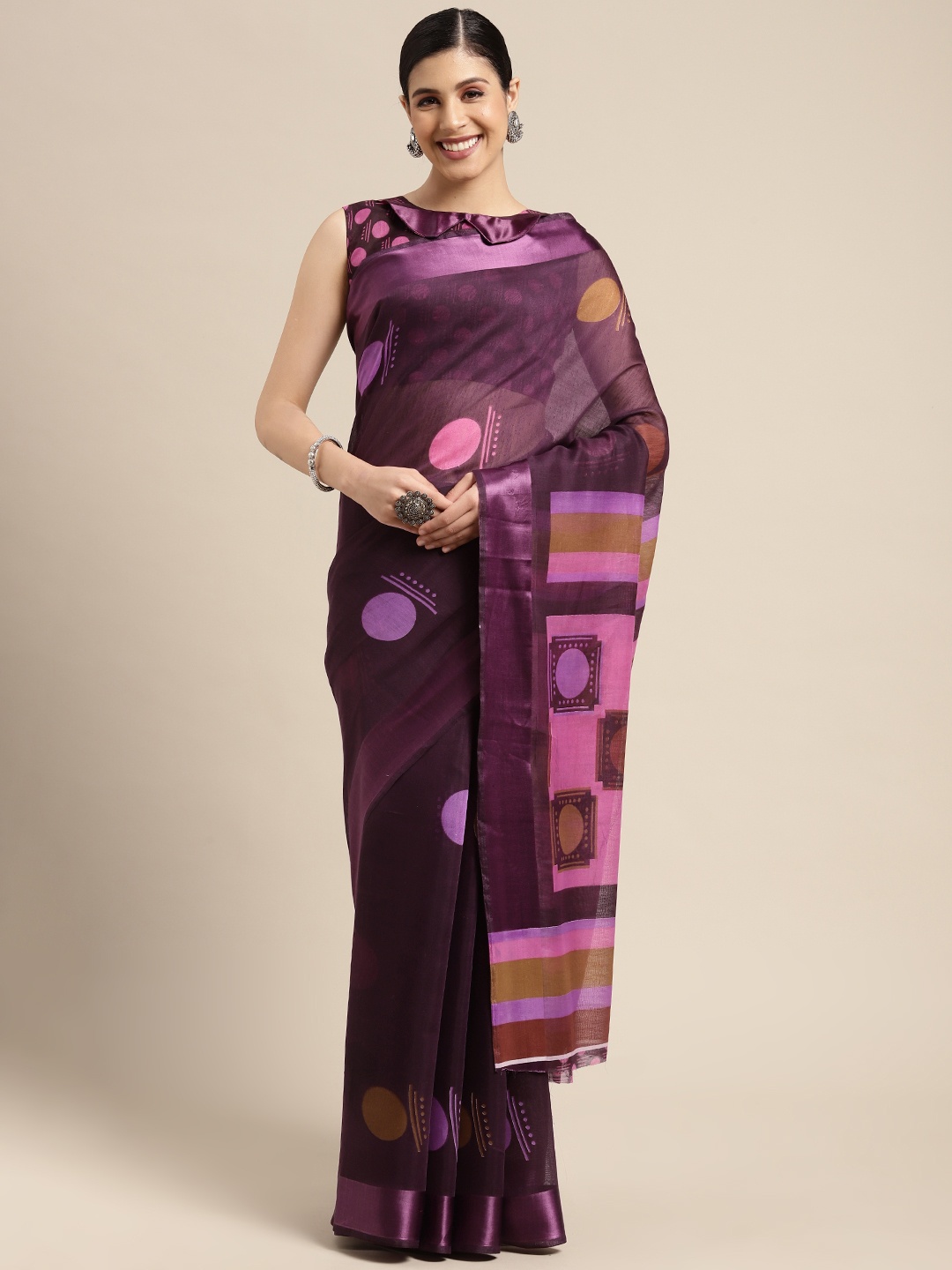 

SIRIL Burgundy & Purple Printed Saree